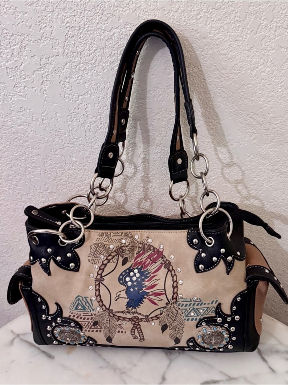 Cowgirl Trendy Beige&Black Embellished,Rhinestone,Native American,Eagle Bag